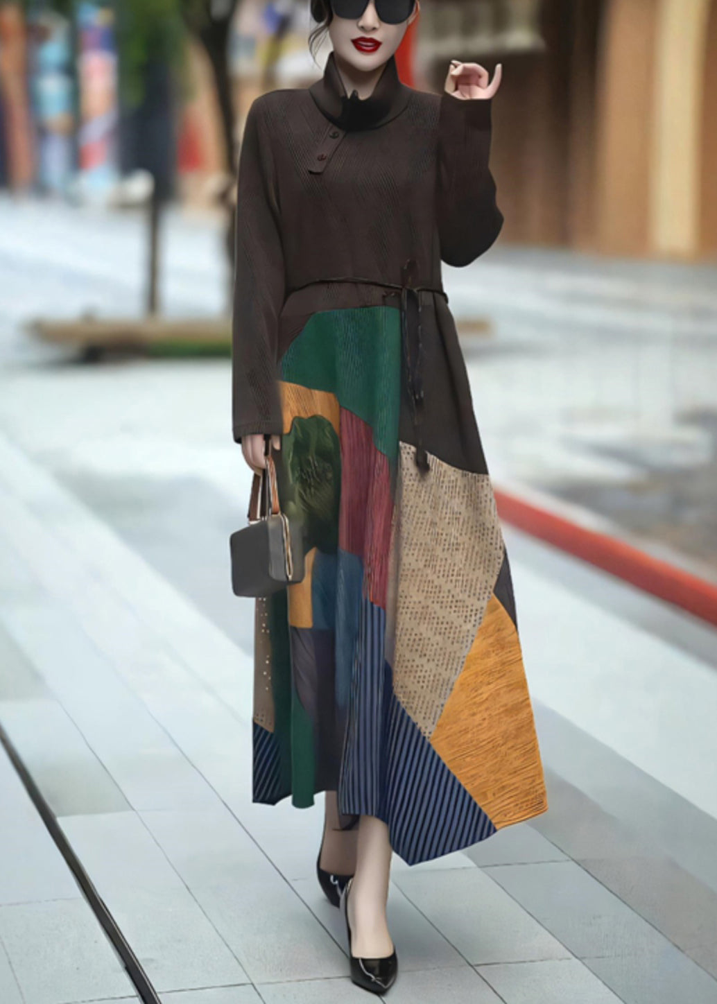 Coffee Turtleneck Tie Waist Patchwork Long Dress Winter