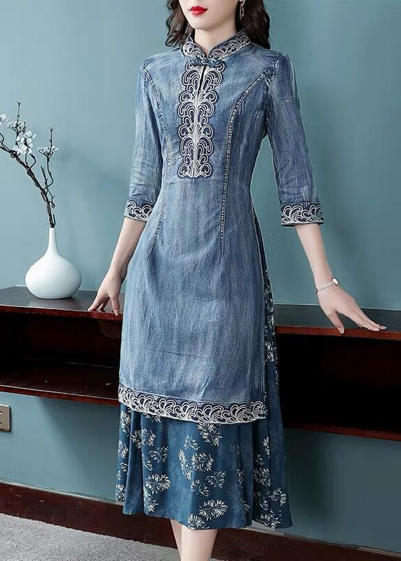 Blue Mandarin Collar Embroideried Patchwork Cotton Denim Fake Two Piece Dress Half Sleeve