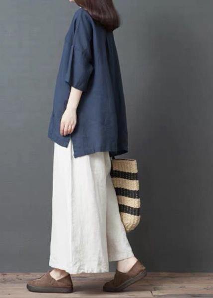 Handmade Blue Linen Cotton Low High Design Shirt Top