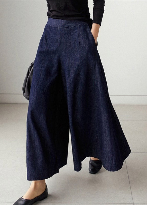 Blue Pockets Wide Leg Denim Pants Spring
