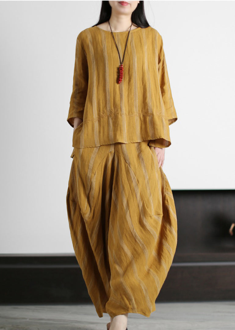 Yellow Pockets Linen Tops and Harm Pants Two Piece Outfit Three Quarter Sleeve