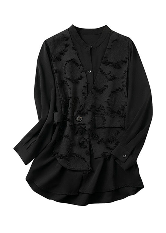 Black O-neck Patchwork Fake Two Pieces Chiffon Top Fall