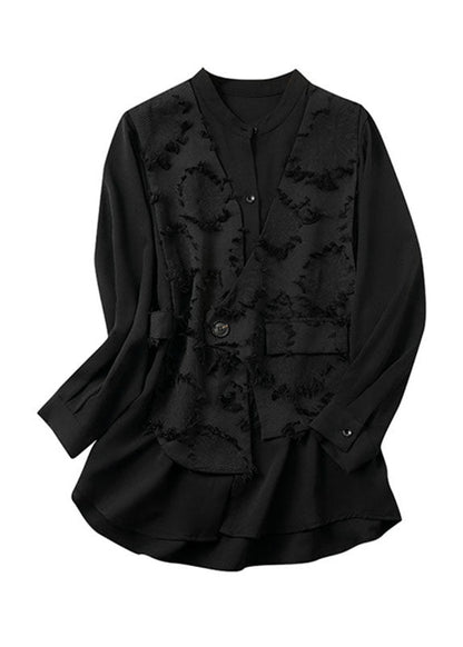 Black O-neck Patchwork Fake Two Pieces Chiffon Top Fall
