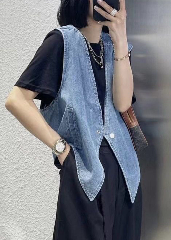 Navy Patchwork Button Denim Waistcoat Sleeveless