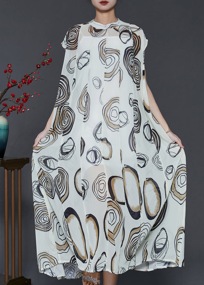 White Stand Collar Print Chiffon Holiday Dress Two Piece Set Summer