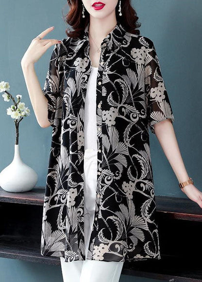Black Turn-down Collar Print Draping Chiffon Long Shirt for Half Sleeve