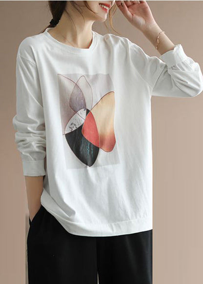Classy White Oversized Print Cotton Pullover Fall