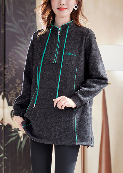 Dark Gray Zip Up Drawstring Patchwork Cotton Sweatshirts Winter