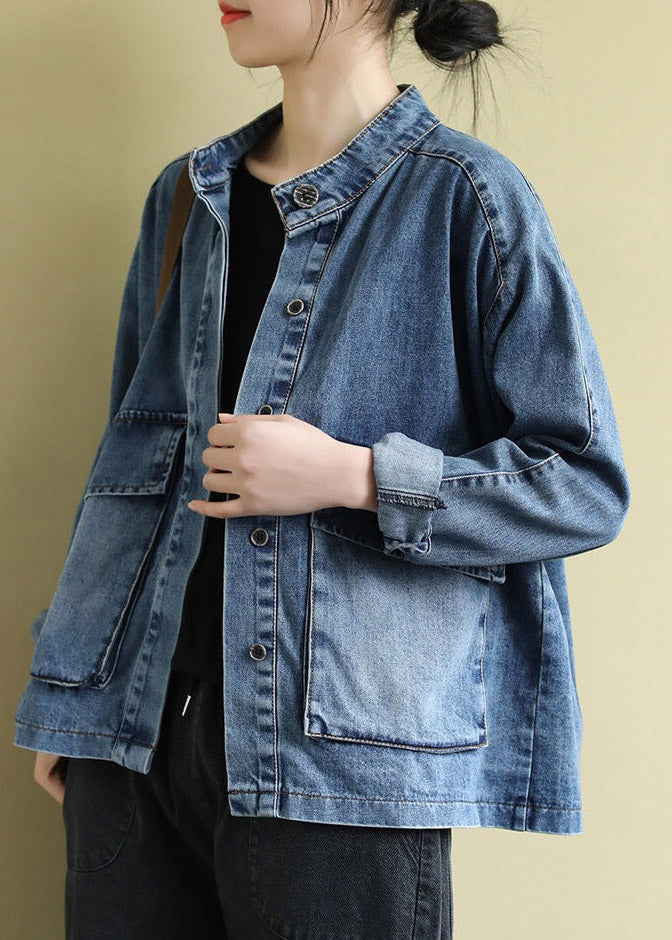 Blue Stand Collar Patchwork Button Denim Coats Long Sleeve