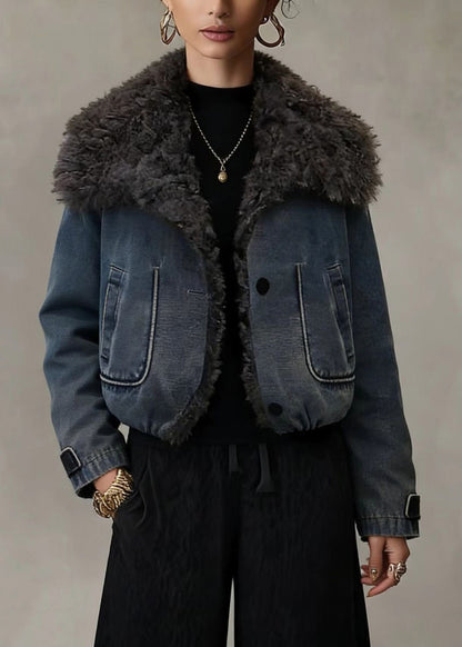 Stylish Blue Teddy Faux Fur Patchwork Fine Cotton Filled Jacket Winter