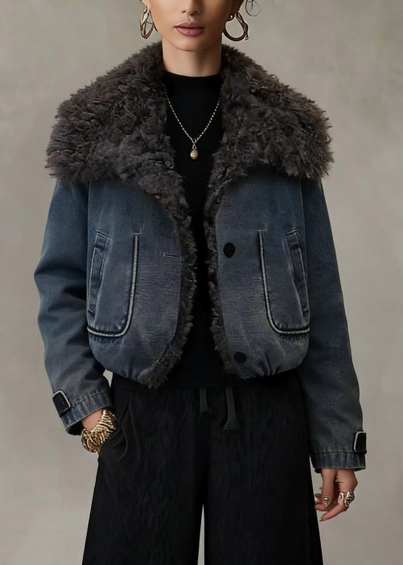 Stylish Blue Teddy Faux Fur Patchwork Fine Cotton Filled Jacket Winter