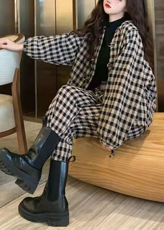 Stylish White Plaid Warm Fleece Tops Harem Pants Two Pieces Set Spring