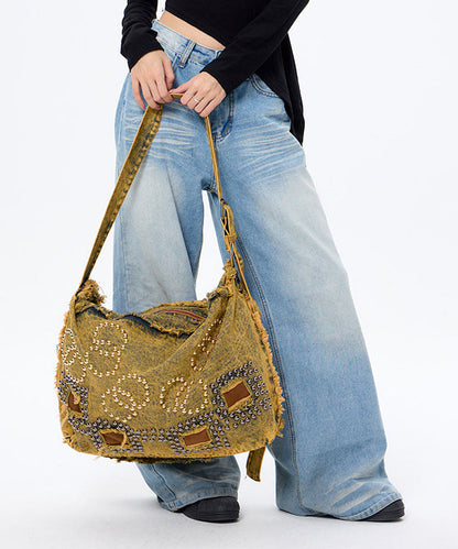 Brown Rivet Large Capacity Applique Denim Messenger Bag