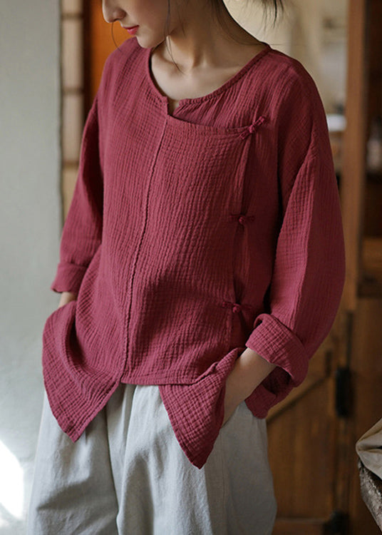 Rust Asymmetrical Button Patchwork Cotton Shirts Fall