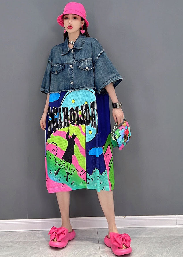 Loose Blue Peter Pan Collar Patchwork Print Cotton Denim Dress Short Sleeve