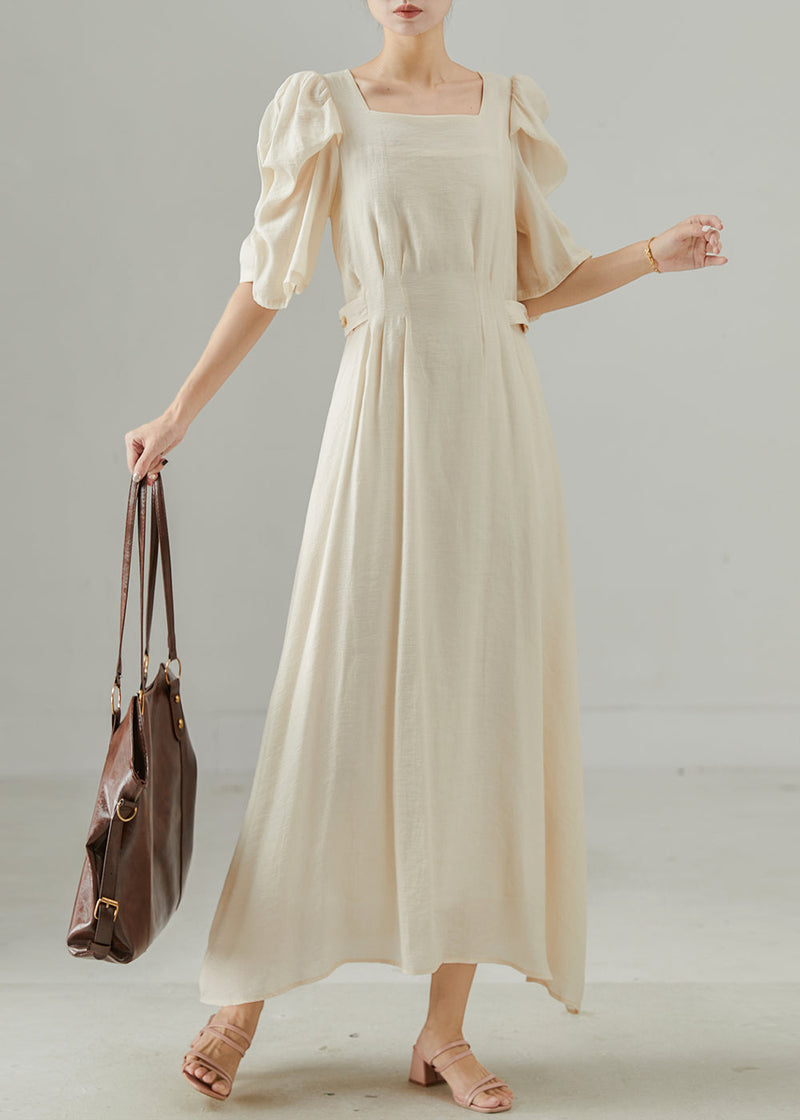 Beige Square Collar Cotton Cinched Dress Puff Sleeve