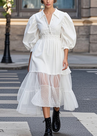 White Puff Sleeve Patchwork Tulle Cotton Party Dress Spring
