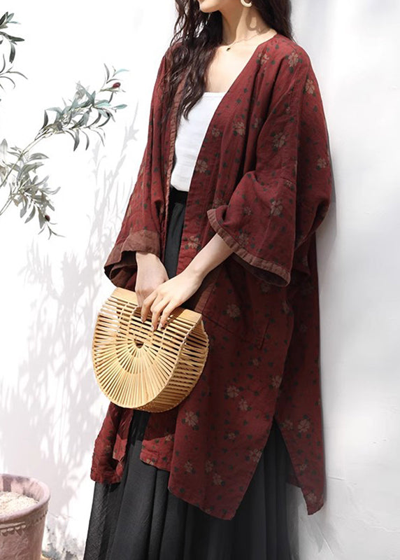 Red V Neck Print Pockets Linen Cardigans Fall