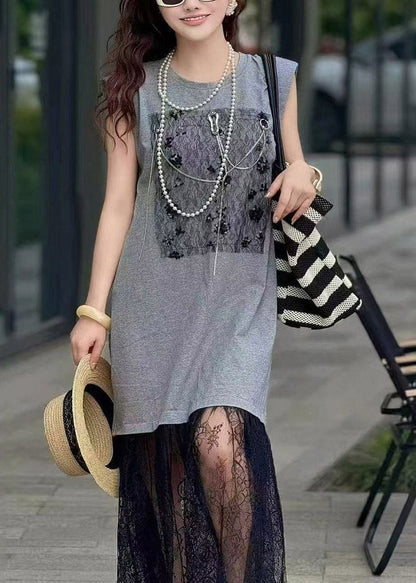 Brown Backless Patchwork Lace Straight Dresses Sleeveless
