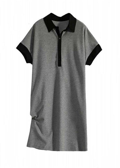 Black Peter Pan Collar Button Cotton Maxi Dresses Short Sleeve