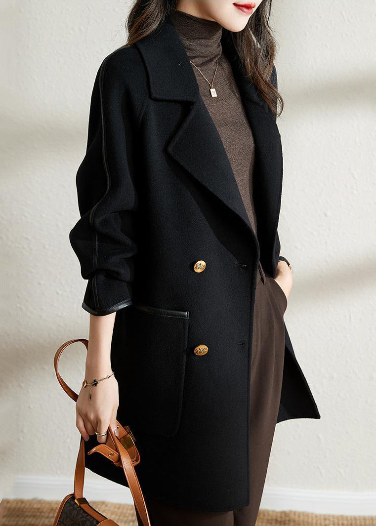Black Double Breast Patchwork Woolen Coat Outwear Fall