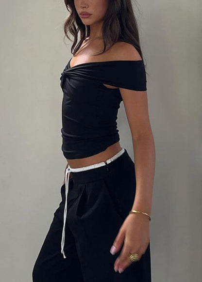 Slim Fit Black Slash Neck Cotton T Shirts Summer
