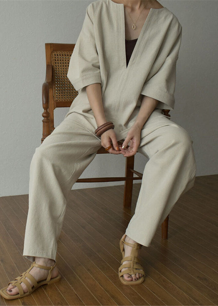 Apricot V Neck Tops and Pants Cotton Two Pieces Set Summer