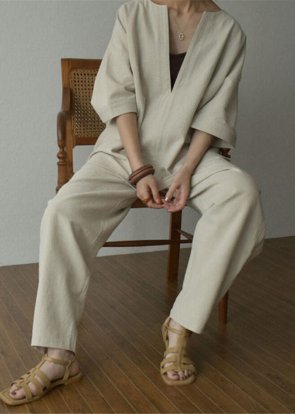 Apricot V Neck Tops and Pants Cotton Two Pieces Set Summer