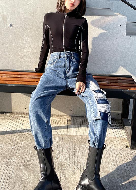 French Blue Cotton Hole Patchwork Jeans Pants