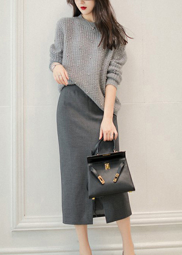 Grey O Neck Nail Bead Woolen Knit Sweaters Winter