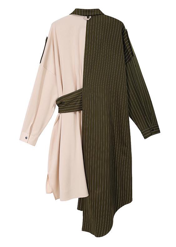 Autumn Asymmetrical Shirt Dress Long Sleeve Striped Sashes Stylish Robe