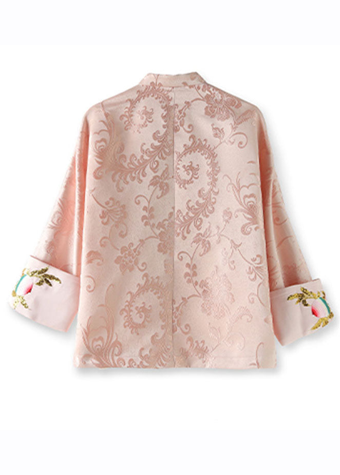 Pink Stand Collar Embroideried Silk Coat Long Sleeve