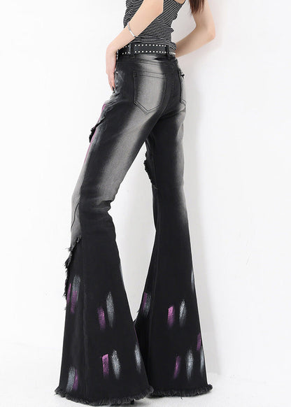 Black Graffiti Ruffled Patchwork Denim Flared Trousers Fall