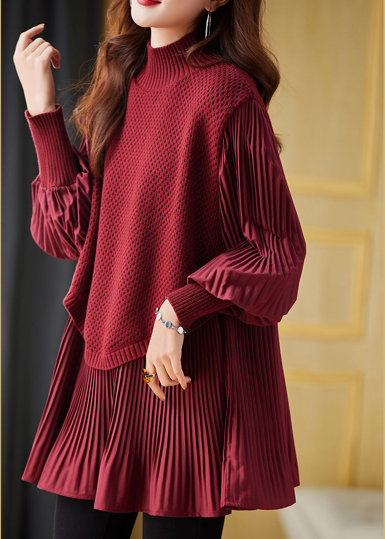 Red High Neck Patchwork Knit Pleated Shirts Spring