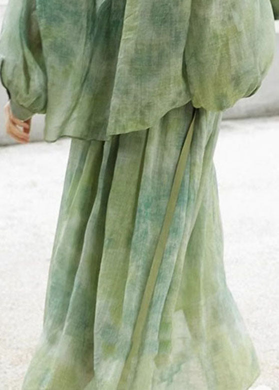 Loose Grass Green O-neck Tie Dye Button Shirts and Skirts Two Piece Set Long Sleeve