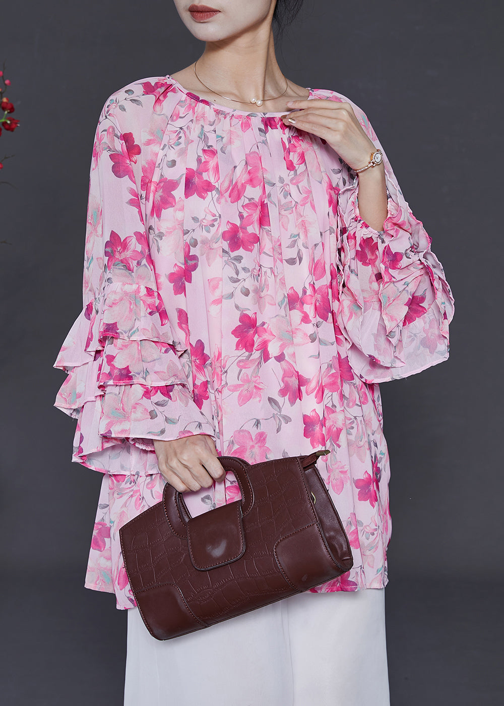 Pink Oversized Print Chiffon Shirt Top Flare Sleeve