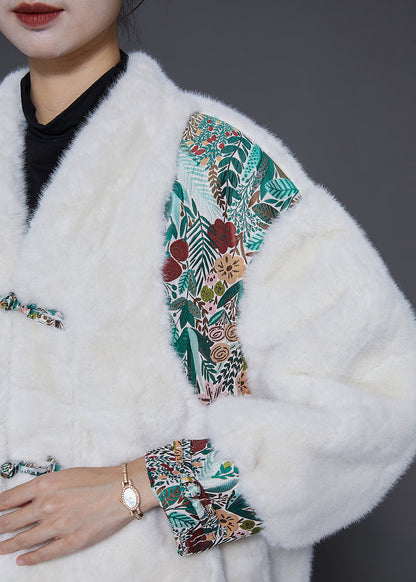 White Oversized Patchwork Chinese Button Faux Fur Jacket Winter