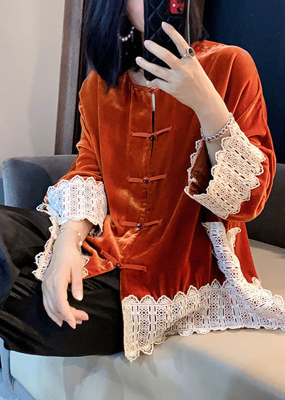 Orange Lace Patchwork Silk Velour Coats Long Sleeve