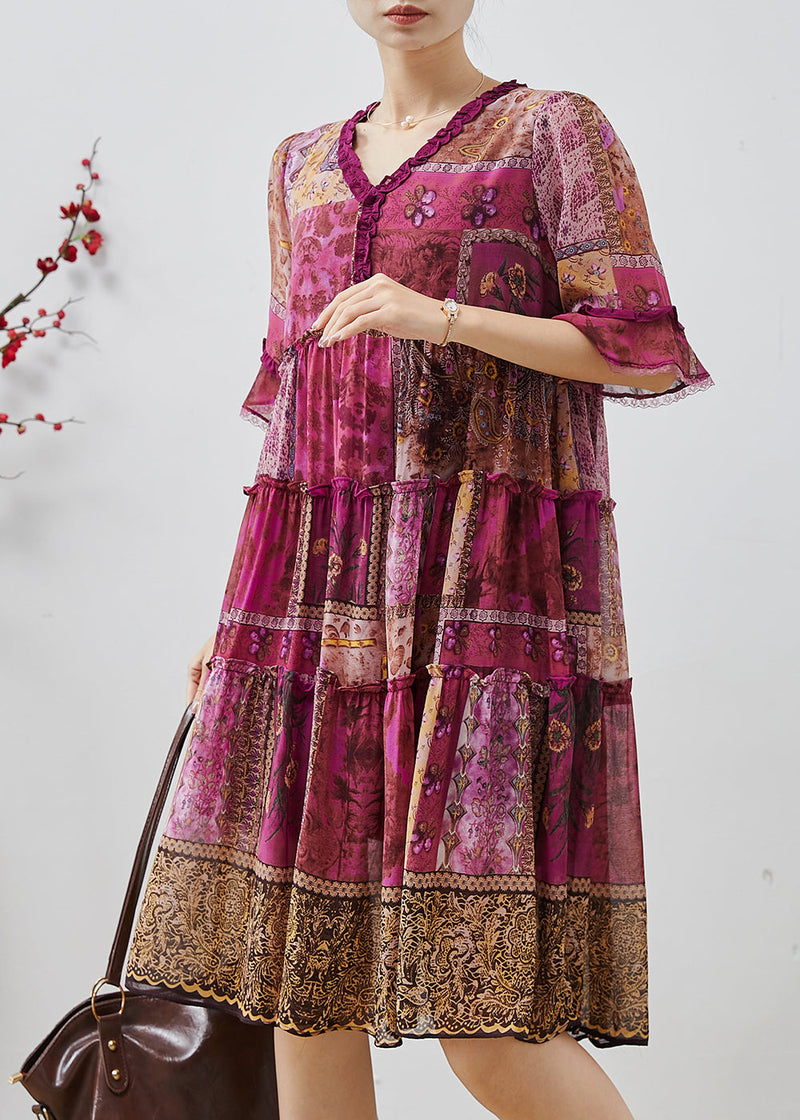 Purple Ruffled Print Chiffon Dresses Summer