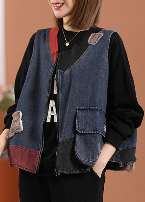 Italian Blue O-neck Zippered Patchwork Denim Waistcoat Sleeveless