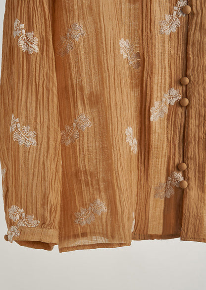 Khaki Embroidered Wrinkled Cotton Blouses Fall