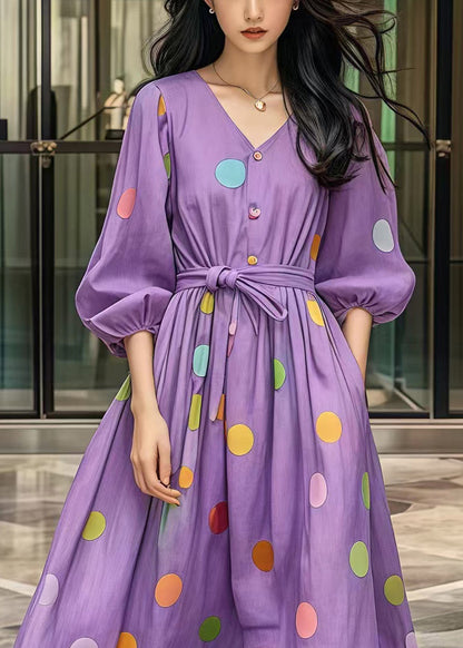 Purple Tie Waist Print Cotton Robe Dresses Fall