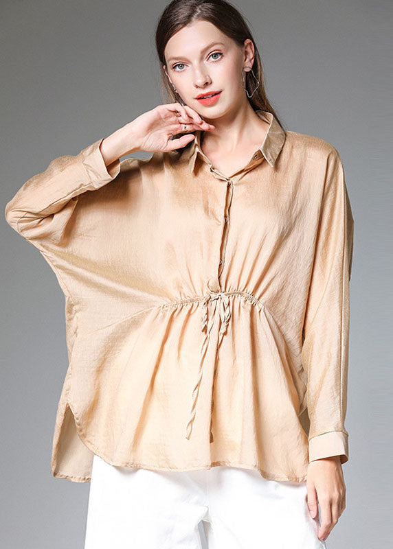 Khaki Peter Pan Collar Drawstring Silk Shirt Tops Long Sleeve