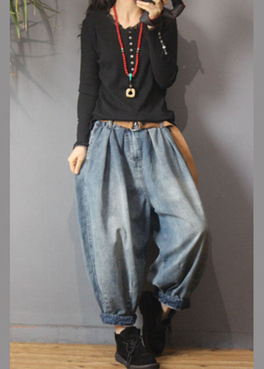 Loose Blue Retro Pockets Button Lantern Fall Denim Pants