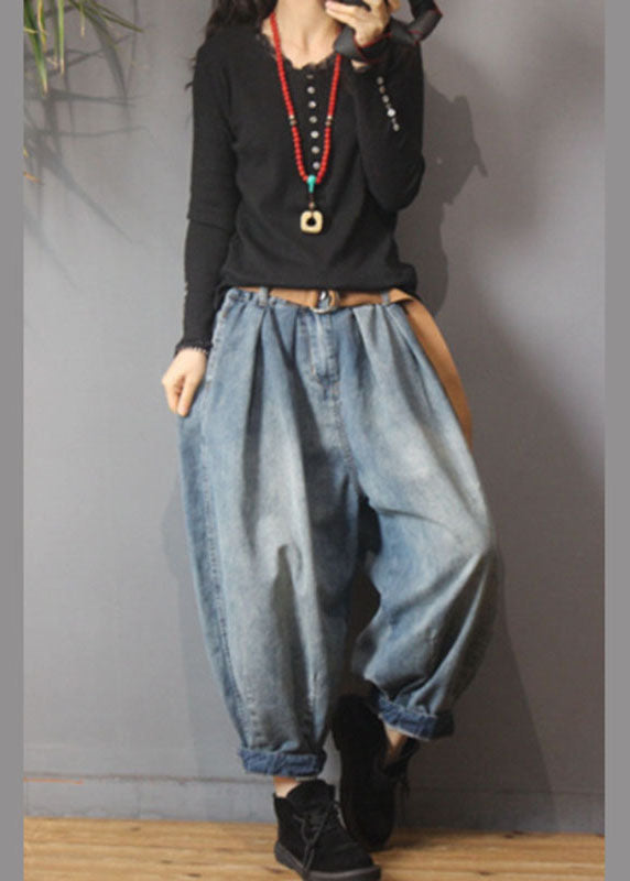 Loose Blue Retro Pockets Button Lantern Fall Denim Pants