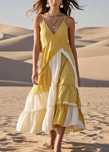 Yellow Asymmetrical Patchwork Cotton Spaghetti Strap Dress Summer