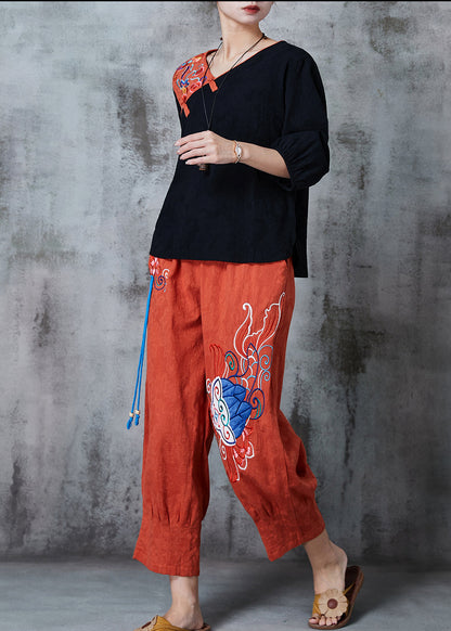 Black Embroidered Patchwork Linen Two Pieces Set Summer