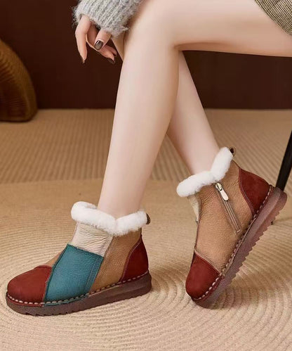 Red Fuzzy Wool Lined Cowhide Leather Comfortable Splicing Boots