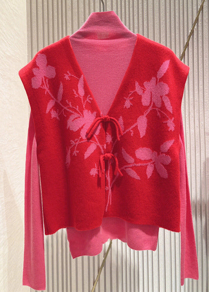 Loose Red Button Patchwork Tops and Waistcoat Knit Two Pieces Set Fall