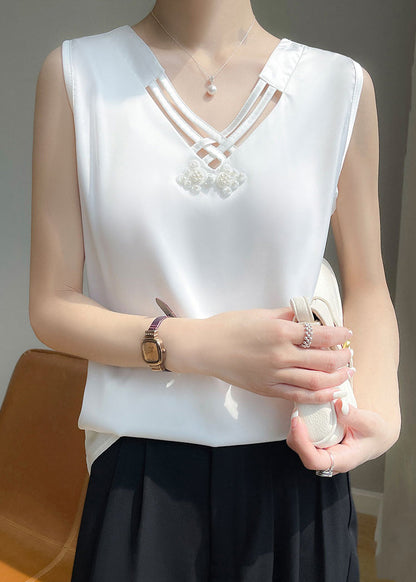 White Nail Bead Silk Tank V Neck Sleeveless